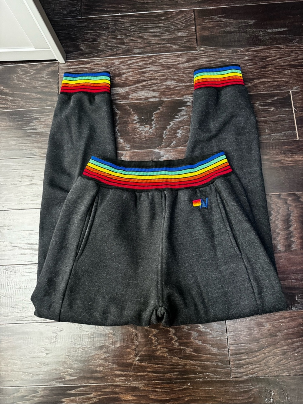 Aviator Nation Joggers with pockets 6 stripe Rainbow Trim Size S